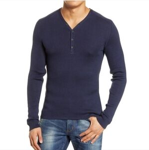 John Varvatos Solid Black Adrian Henley Lightweight V Neck Ribbed Top